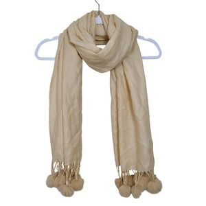 Beige Pashmina 70% Cashmere 30% Silk Scarf Pom Pom Fringe Winter Lux Neutral